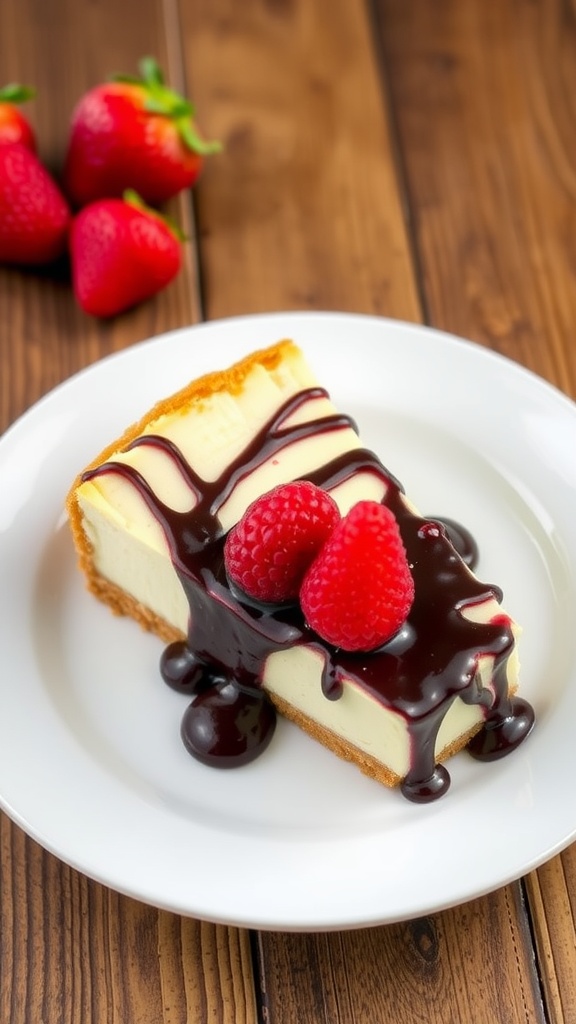 Slice of no-bake cheesecake with chocolate sauce and berries on white plate.